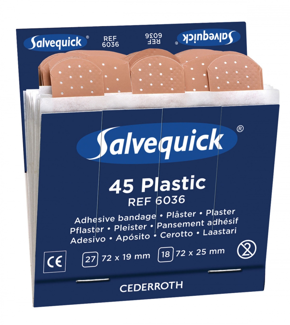 Salvequick plaster er et smidig plastplaster i høy kvalitet. Plasteret er allergitestet, lett å sette på og er fleksibelt i bruk. Hver eske består av 6 refiller.