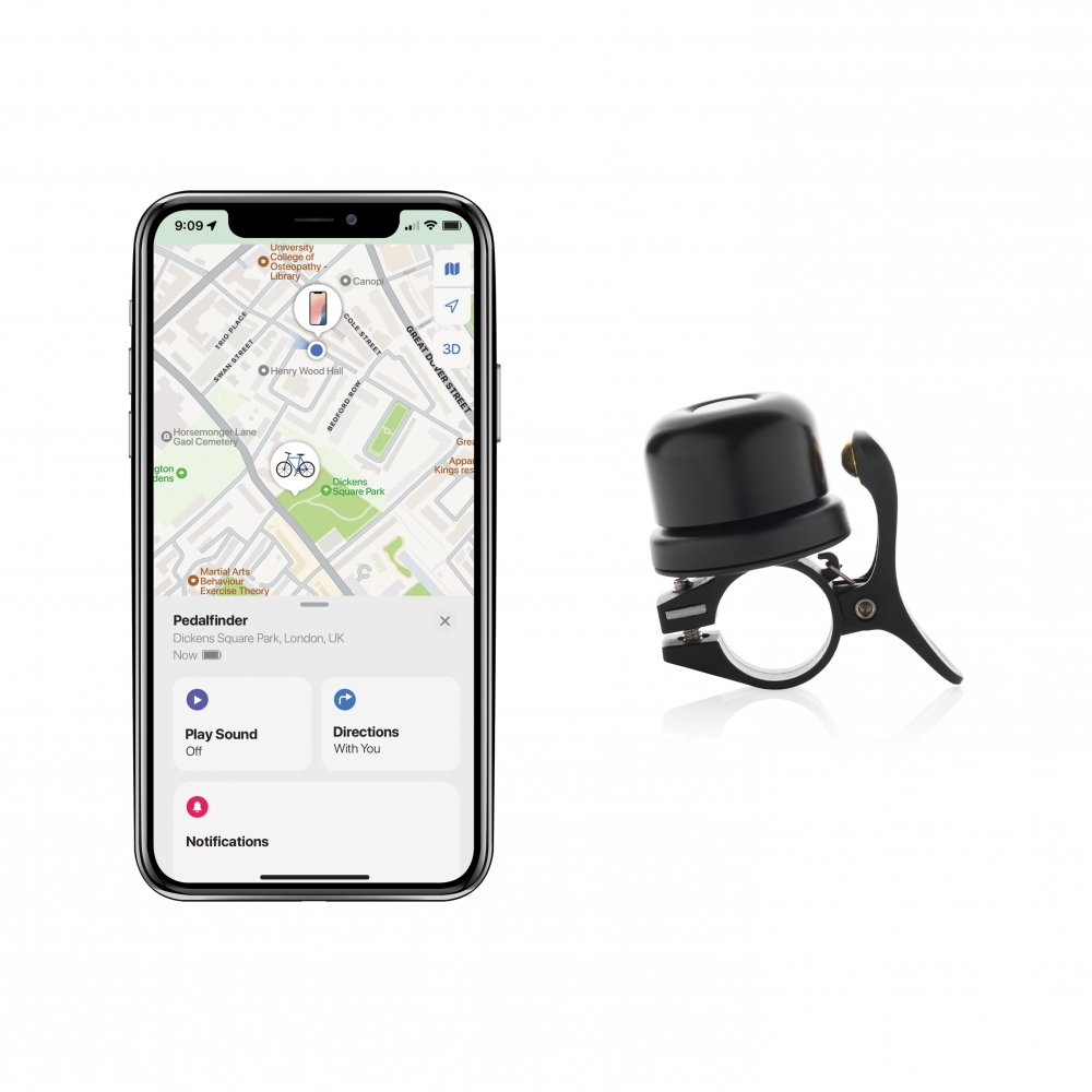 En sykkelklokke med integrert Find My-teknologi som fungerer sømløst med Apples Find My-nettverk. Hvis sykkelen blir borte, kan du enkelt spore den hvor som helst i verden ved hjelp av Apples Find My-nettverk.