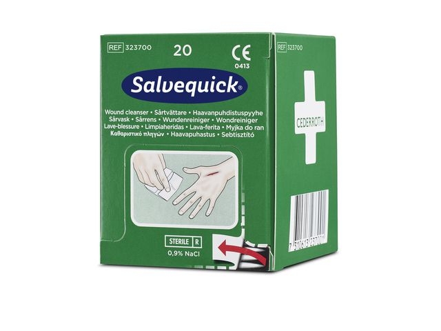 Salvequick sårvaskeserviett refill til førstehjelpsveggen. Inneholder sterilt fysiologisk saltvann