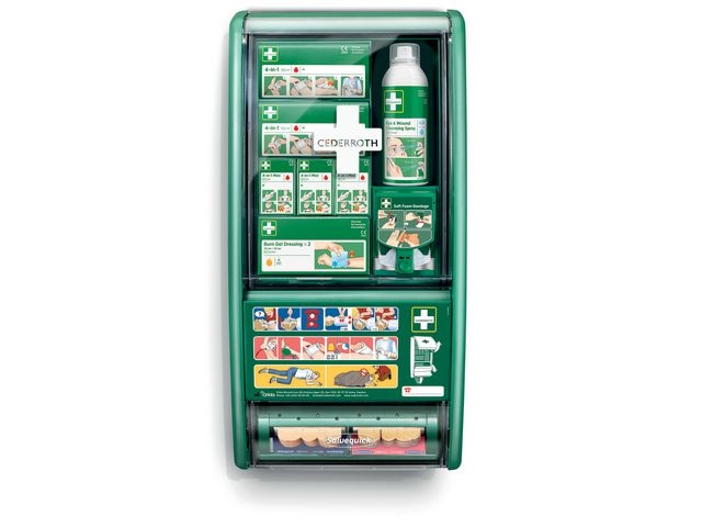 Førstehjelpstasjon med produkter for de fleste typer skader med integrert Soft Foam Dispenser 2 meter.
Transparent lokk beskytter mot støv og fukt. Ekstra oppbevaringsrom til eget tilvalg av produkter.